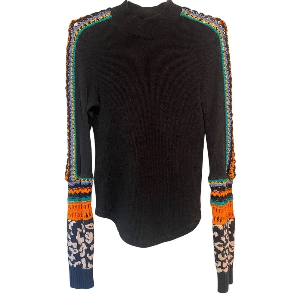 Free People Black Crochet Sleeve Sweater Top Boho Mock Neck Small